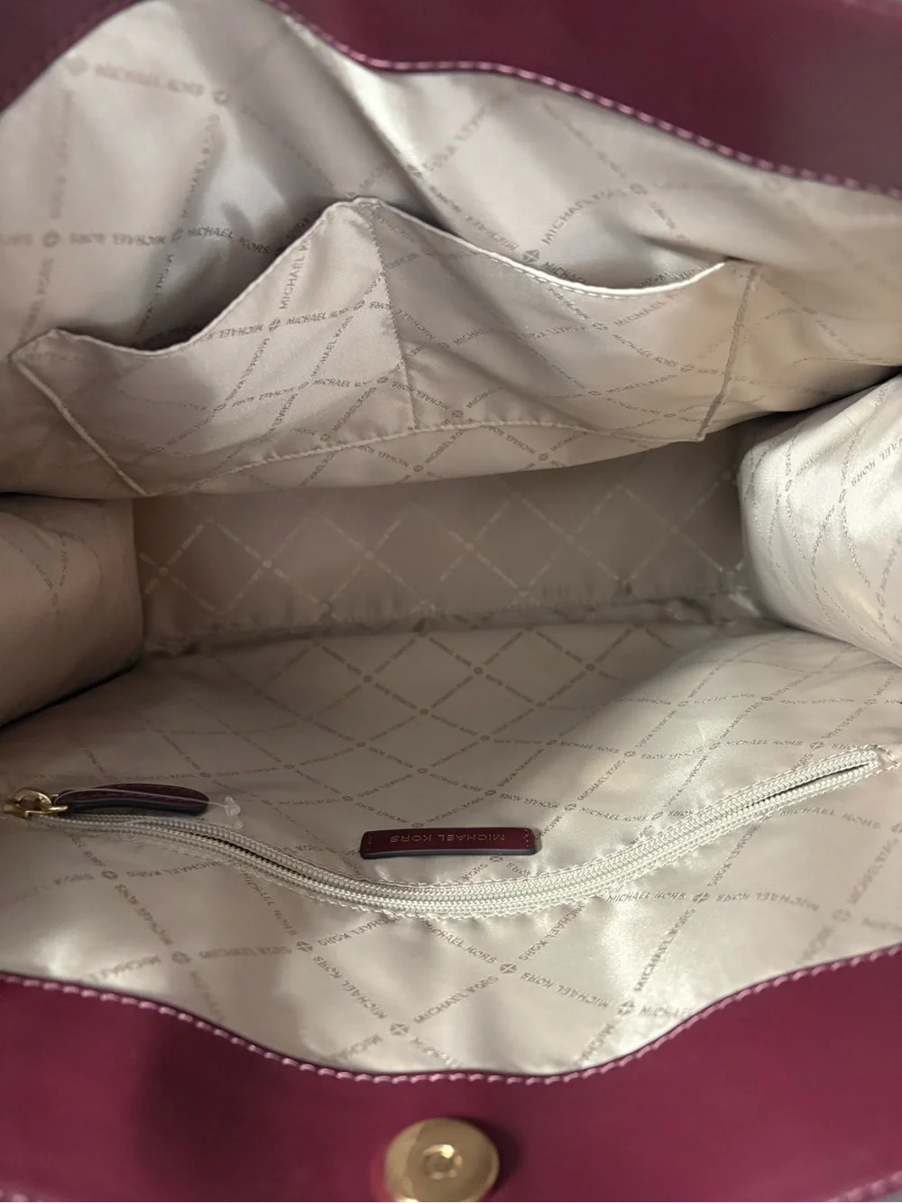 Michael Kors Brown MK Logo Tote with Burgundy Leather Trim
